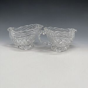 Gorham Lead Crystal Xmas Sugar & Creamer Sleigh Shapes Glass‎